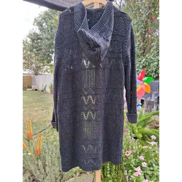 POL Charcoal Open Knit Hooded Cardigan Sweater Sz.M - Picture 5 of 8